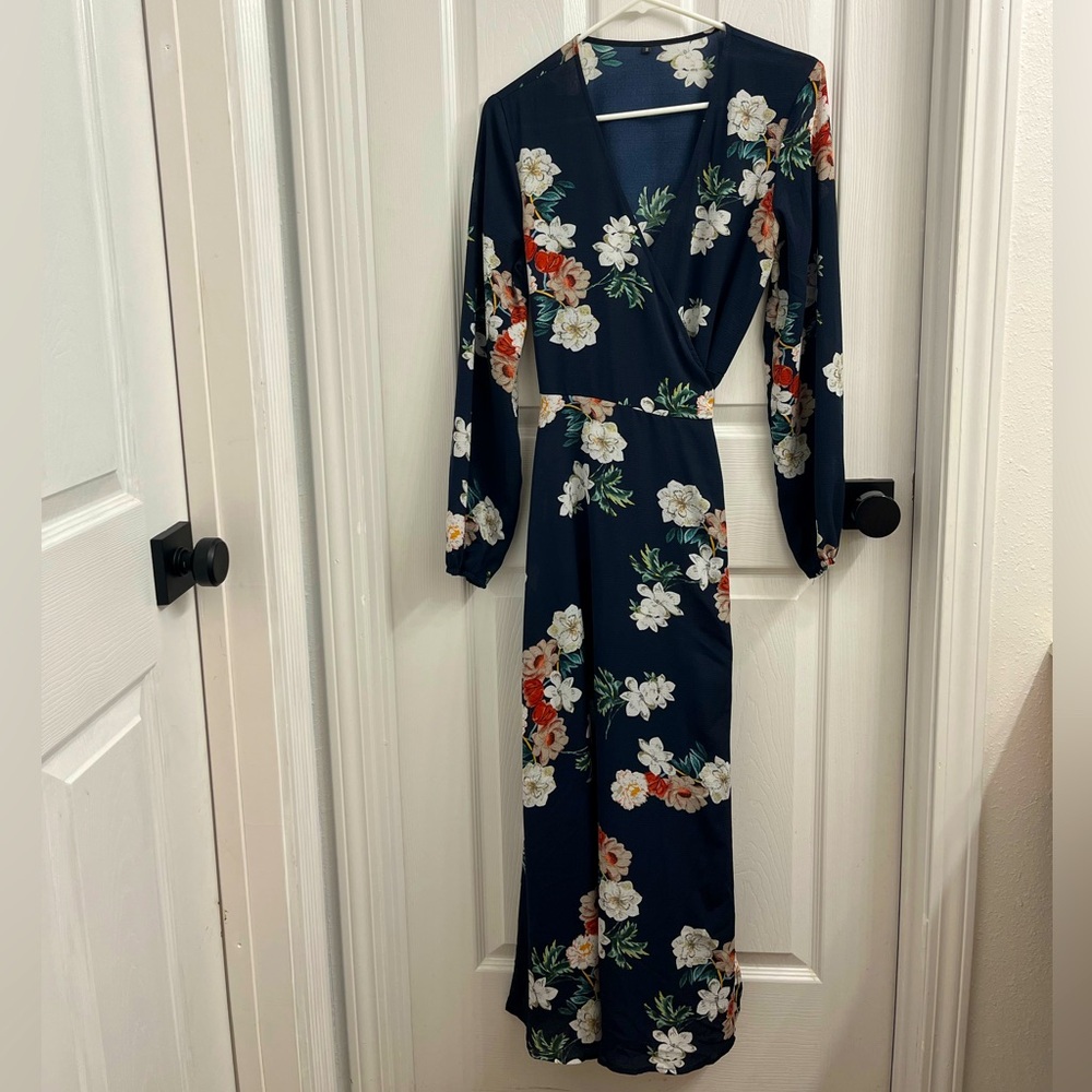 Navy chiffon wrap maxi dress